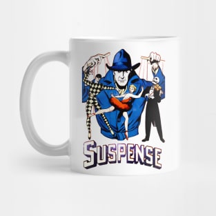 Suspense of the mystery man pulls the strings of destiny. Harlequin puppets, classical dancer and death playing the violin. Retro Vintage Comic Book Mug